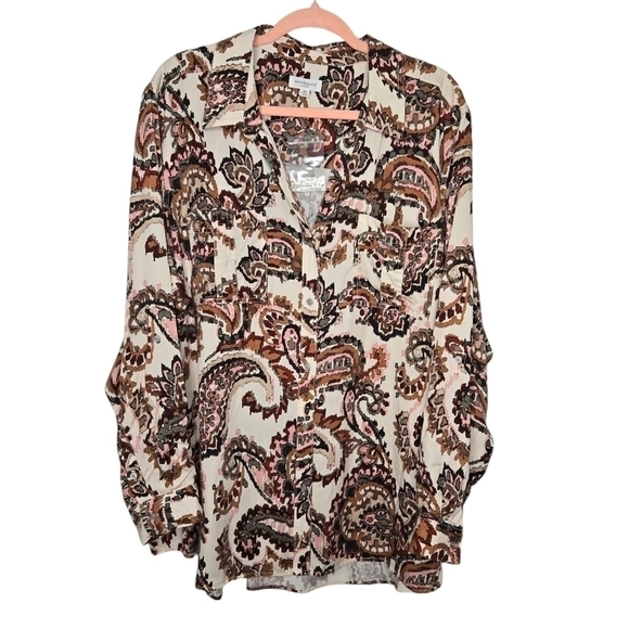 Westbound Womens Tencel Brown Pink Paisley Print Button Down Shirt Plus Size 3XL - Picture 1 of 9